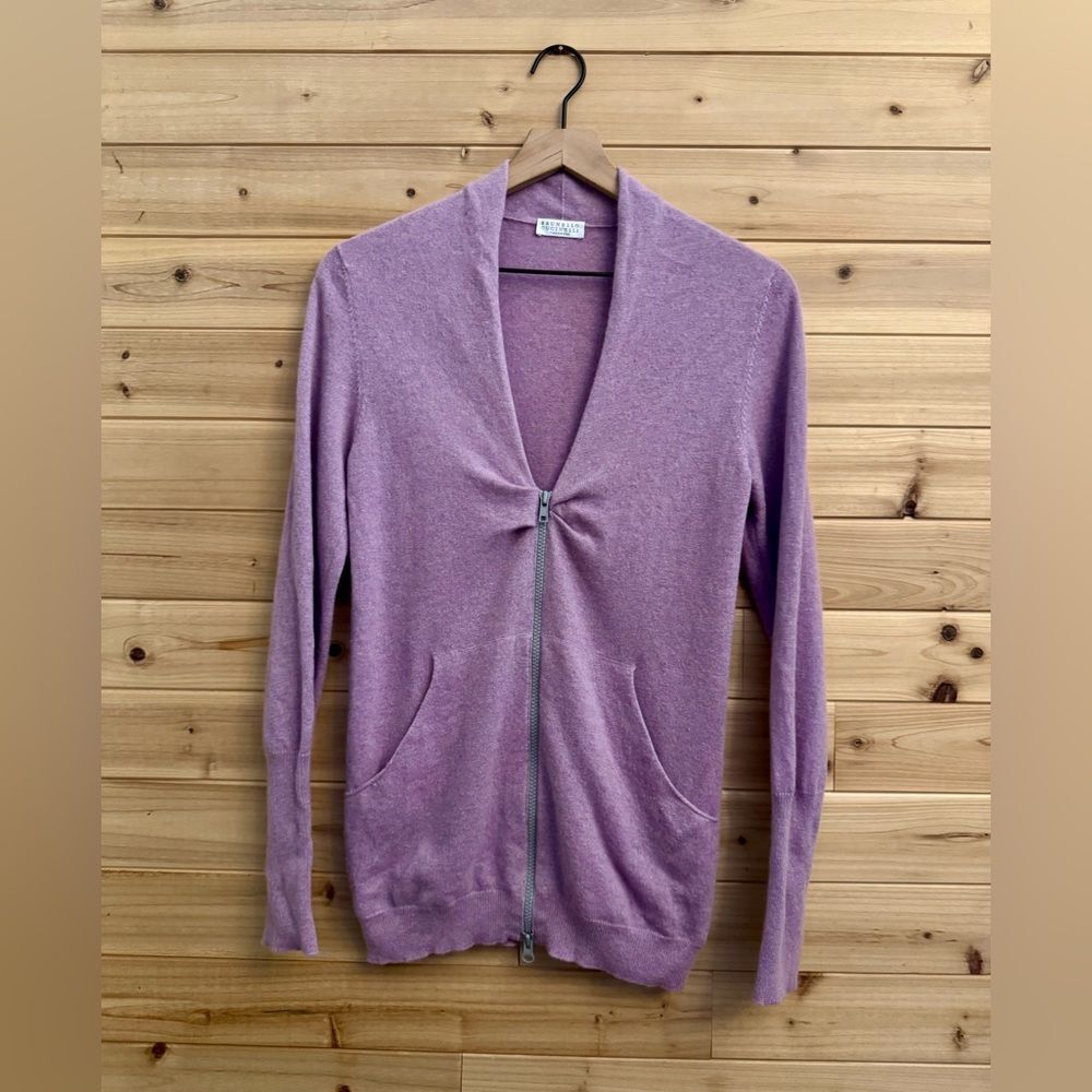Brunello Cucinelli Size Medium Pink Purple Double Zipper Ruched Cashmere Sweater - Picture 1 of 14